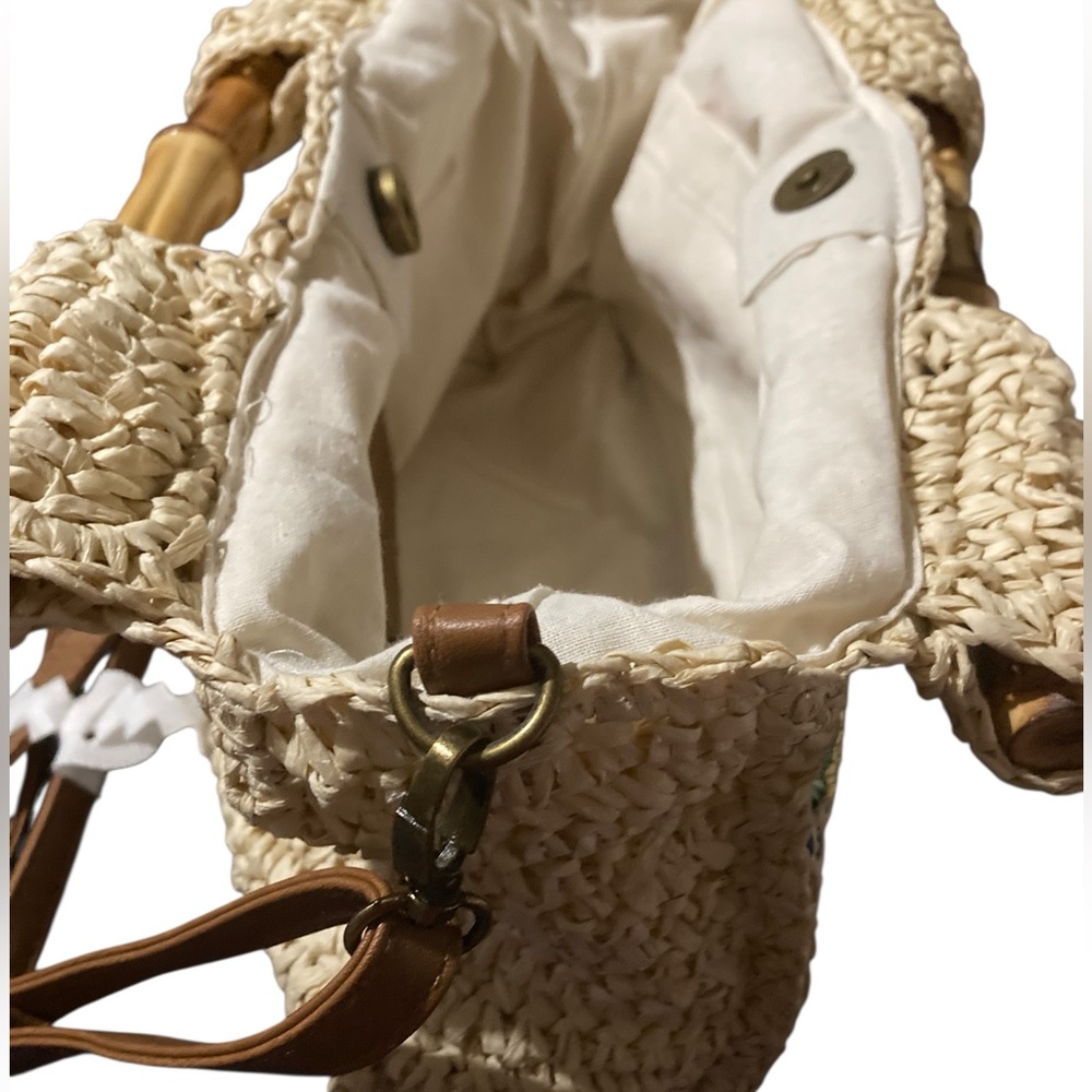 Topshop Embroidered Raffia Bag With Bamboo Handle & Detachable Strap. - Picture 7 of 13